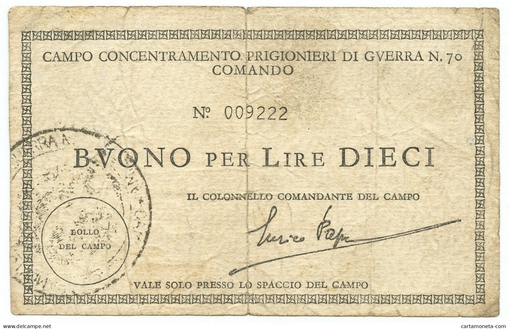 10 LIRE PRIGIONIERI GUERRA CAMPO DI CONCENTRAMENTO N 70 MONTE URANO 1939/1945 BB - Autres & Non Classés