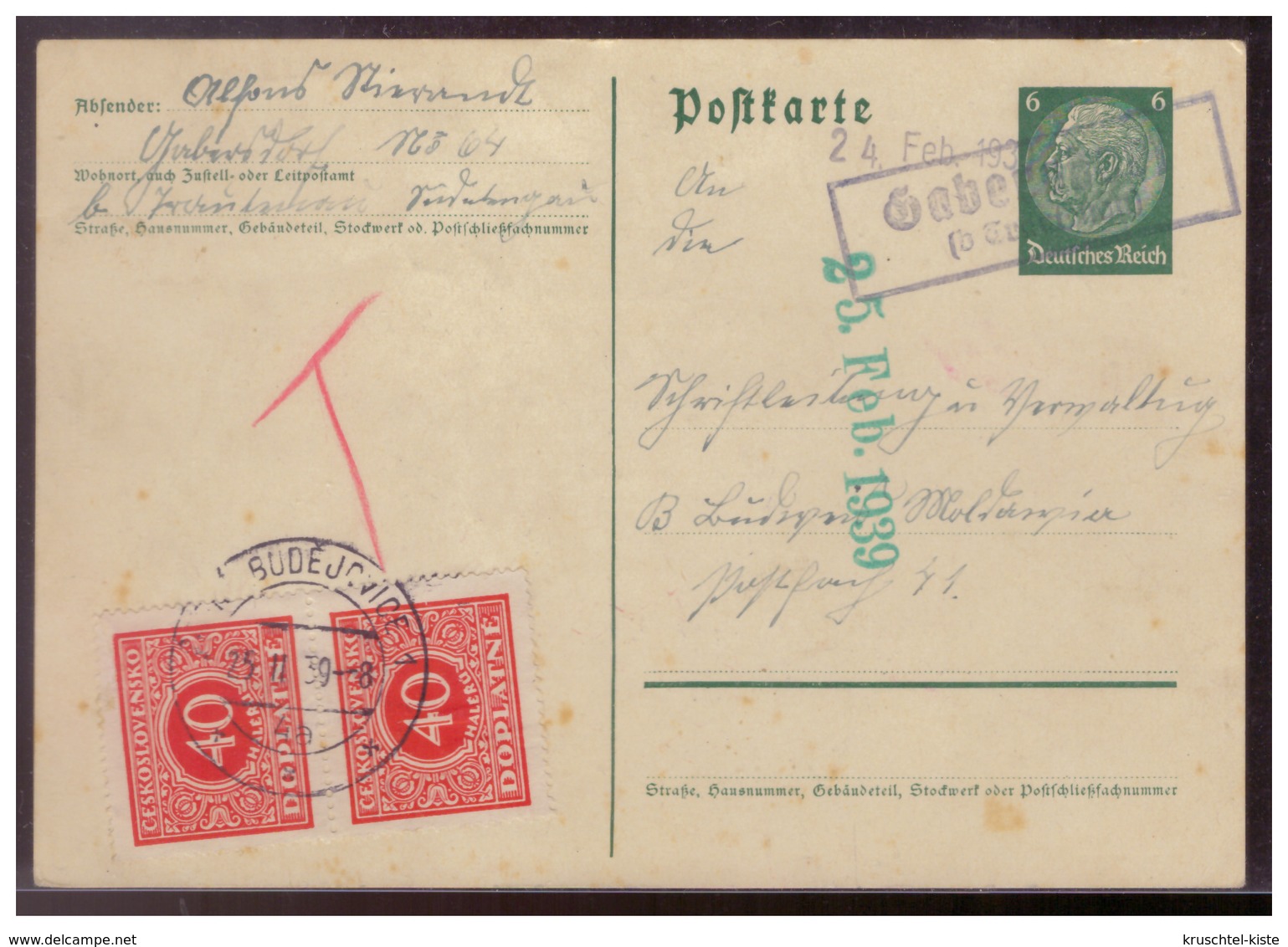 Dt-Reich (007595) Ganzsache P226, Mit Nachporto Gelaufen Mit Notstempel Nach Budweis Am 25.2.1939 - Sonstige & Ohne Zuordnung