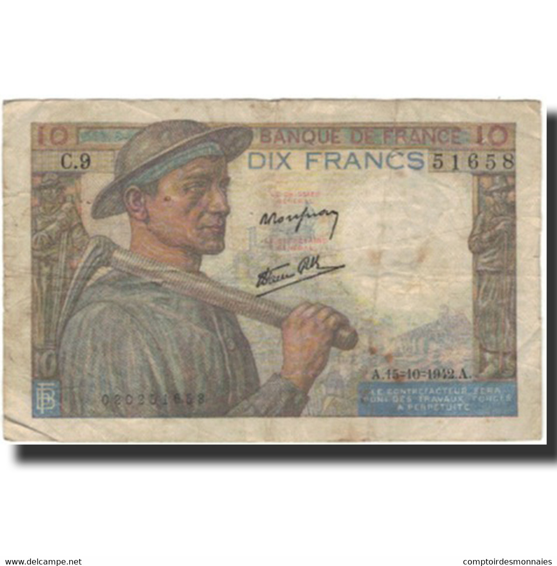 France, 10 Francs, Mineur, 1942-10-15, B+, Fayette:8.4, KM:99d - 10 F 1941-1949 ''Mineur''