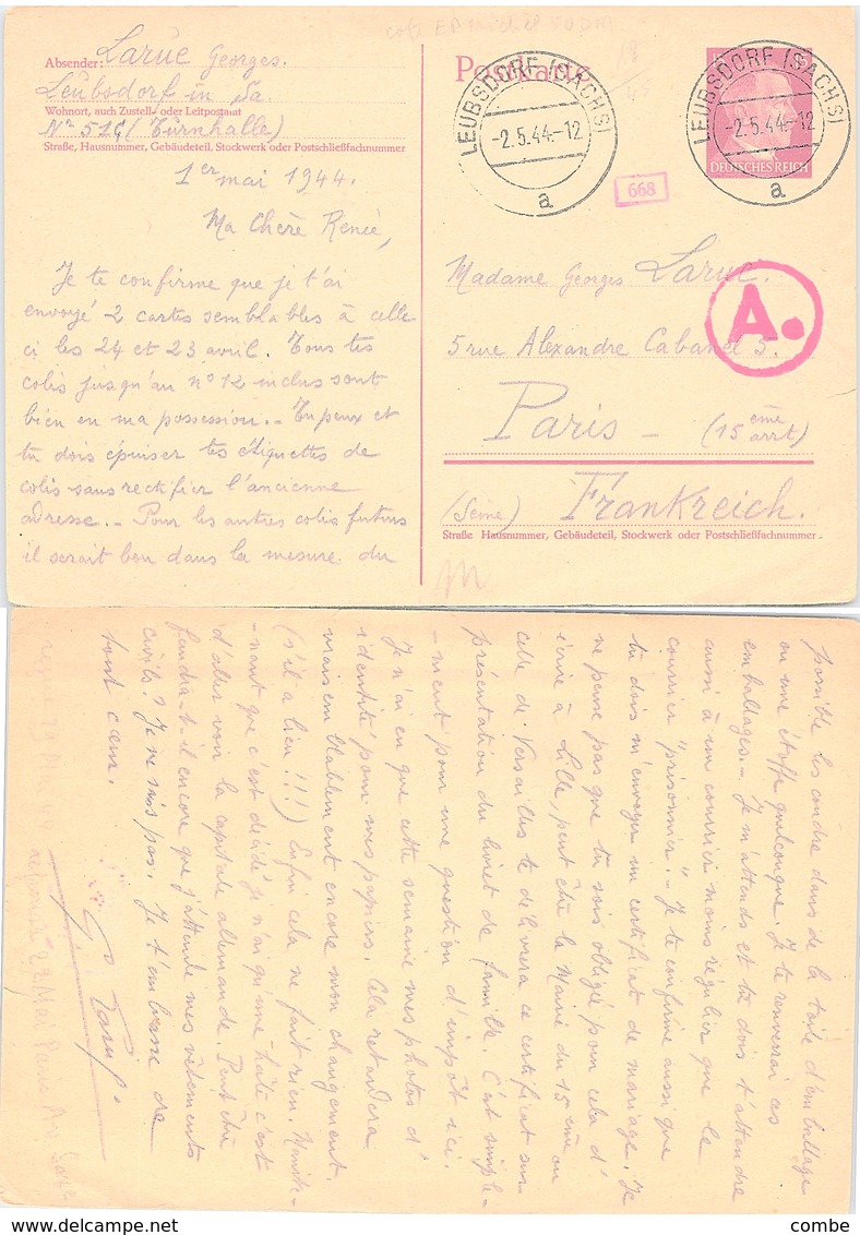 POST CARD. GERMANY. STATIONERY HITLER 15.Pf. LEUBSDORF 1944 TO FRANCE. CENSOR - Sonstige & Ohne Zuordnung