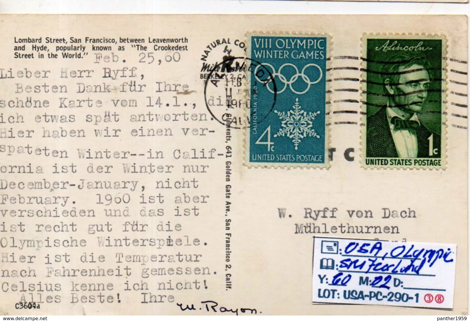 USA: POSTCARD #OLYMPIC GAMES IN CALIFORNIA#US AIRMAIL#SENT TO SWITZERLAND (USA-PC-290-1 (38) - Hiver 1960: Squaw Valley