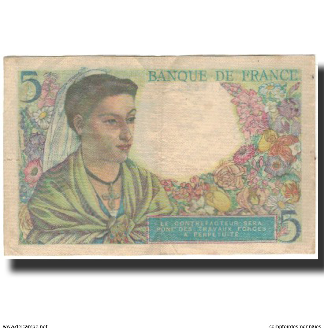 France, 5 Francs, Berger, 1943-12-23, TB+, Fayette:5.5, KM:98a - 5 F 1943-1947 ''Berger''