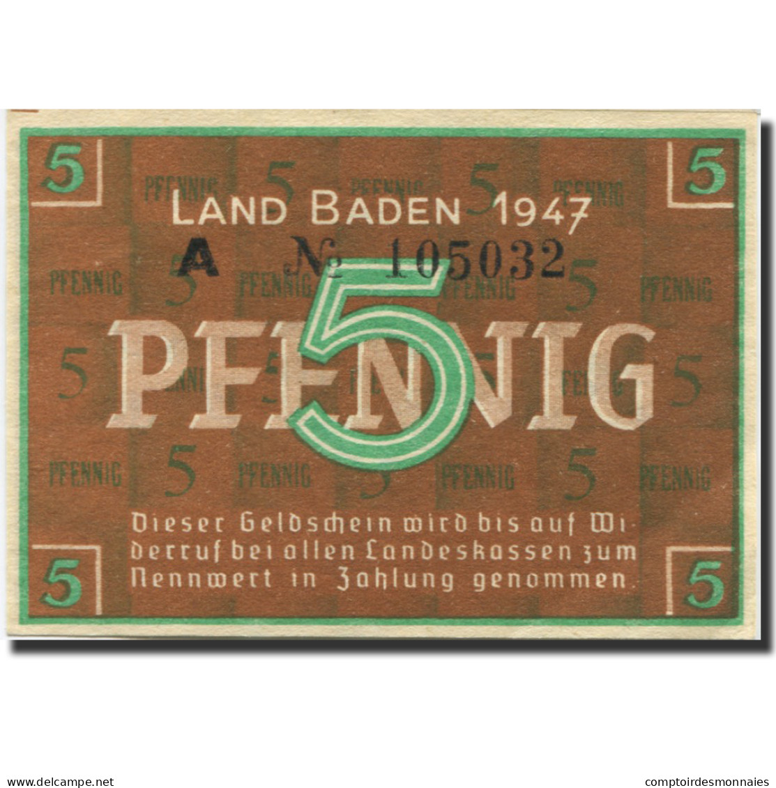 Billet, Allemagne, Baden, 5 Pfennig, 1947, KM:S1001a, SPL - Sonstige & Ohne Zuordnung