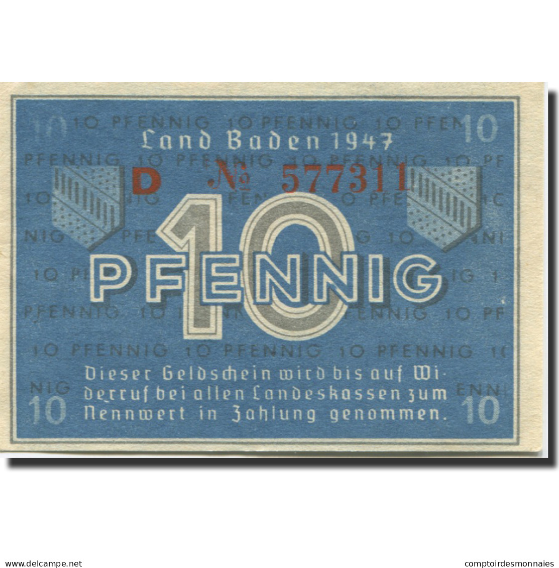 Billet, Allemagne, Baden, 10 Pfennig, 1947, KM:S1002a, SPL+ - Otros & Sin Clasificación