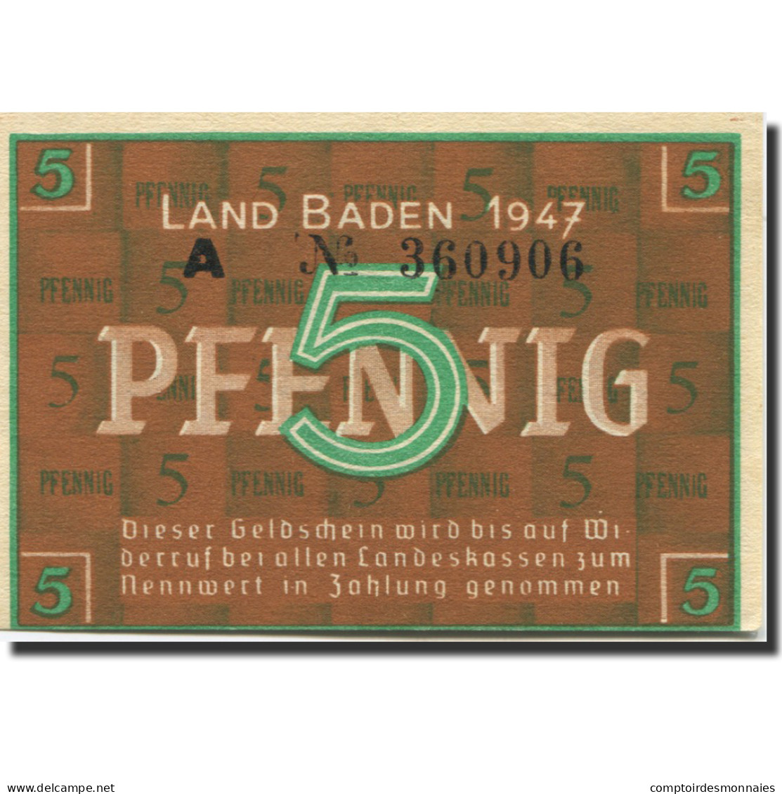 Billet, Allemagne, Baden, 5 Pfennig, 1947, KM:S1001a, SPL - Sonstige & Ohne Zuordnung