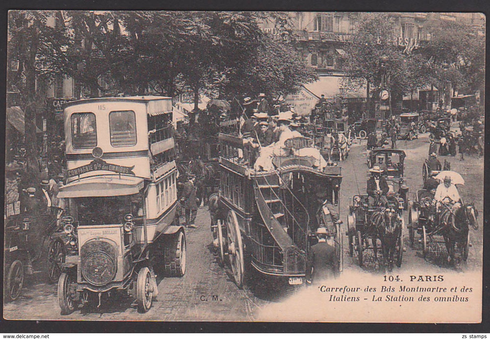 Correeur Des Bds Montmartre Et Des Italiens La Station Des Omnibus Color Carte Droschken Kutschen Um 1905, Paris - Openbaar Vervoer