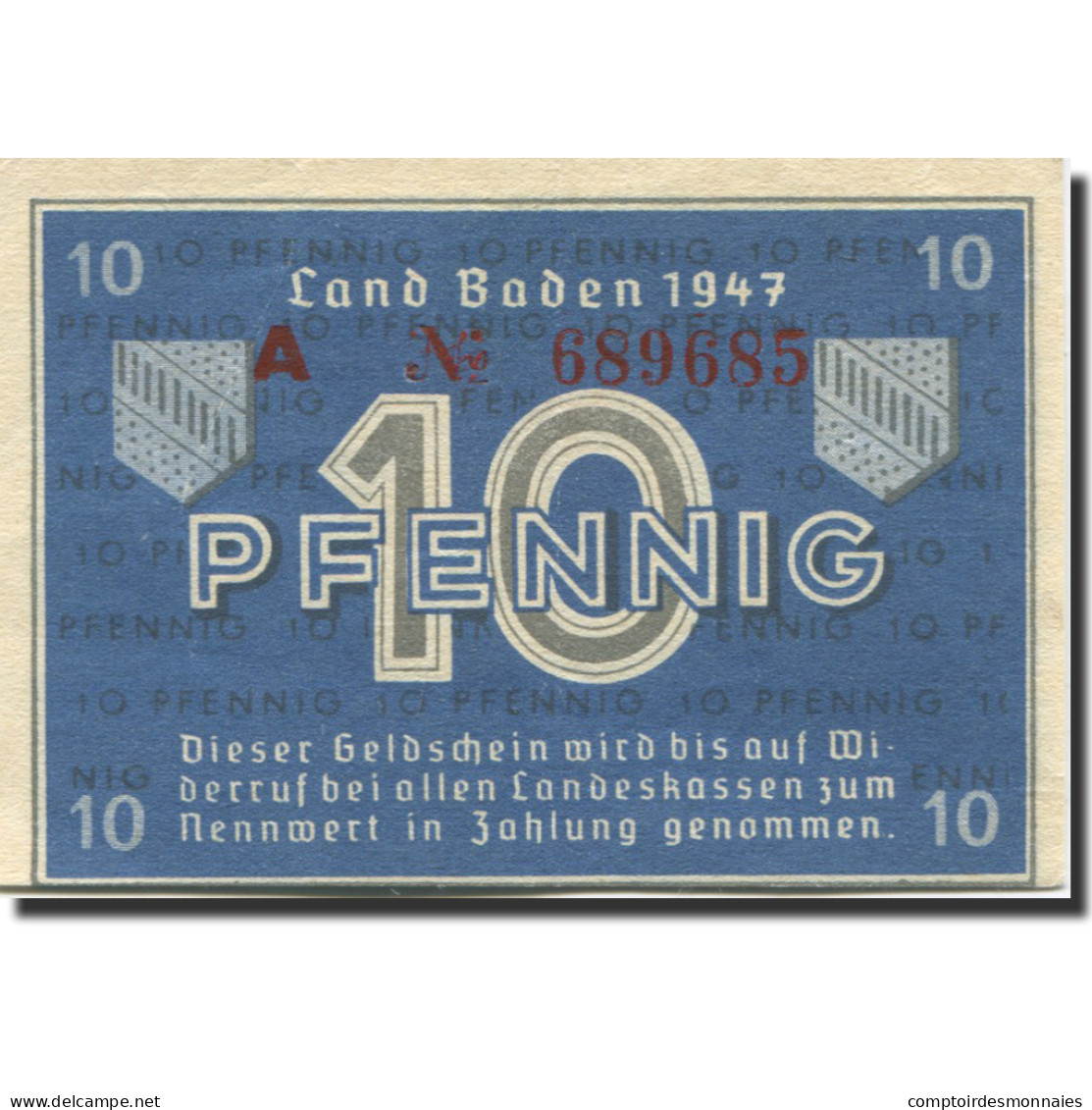 Billet, Allemagne, Baden, 10 Pfennig, 1947, KM:S1002a, SPL - Autres & Non Classés