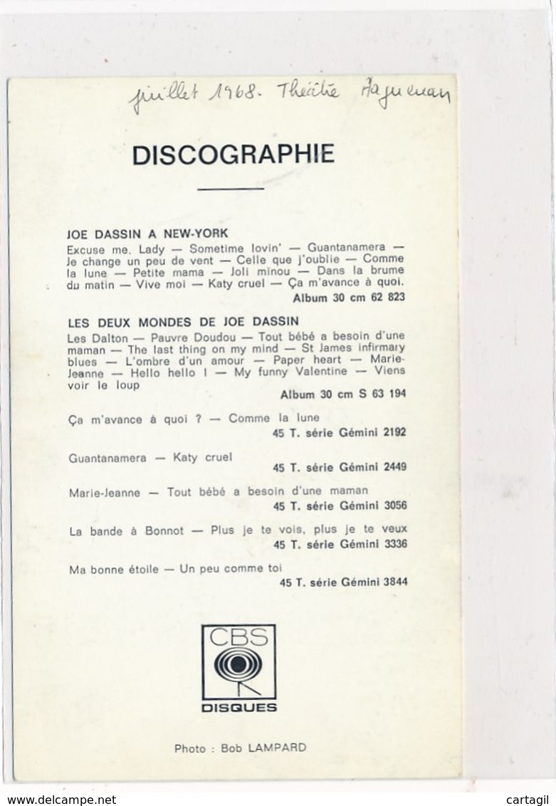 Carton Autographe - 20117 - Célébrités -Joe Dassin ( 2scans Date Lieu Autographe) -Envoi Gratuit - Autres & Non Classés