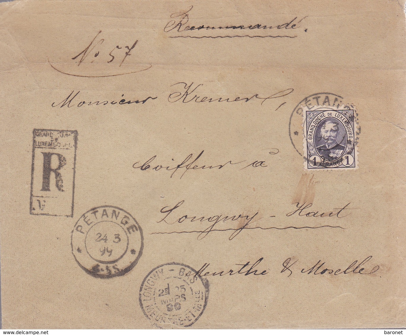 Env Recommandé T.P. Ob Petange 34 3 99; Env Pour Longwy Haut, Meurthe Et Moselle - 1895 Adolfo Di Profilo