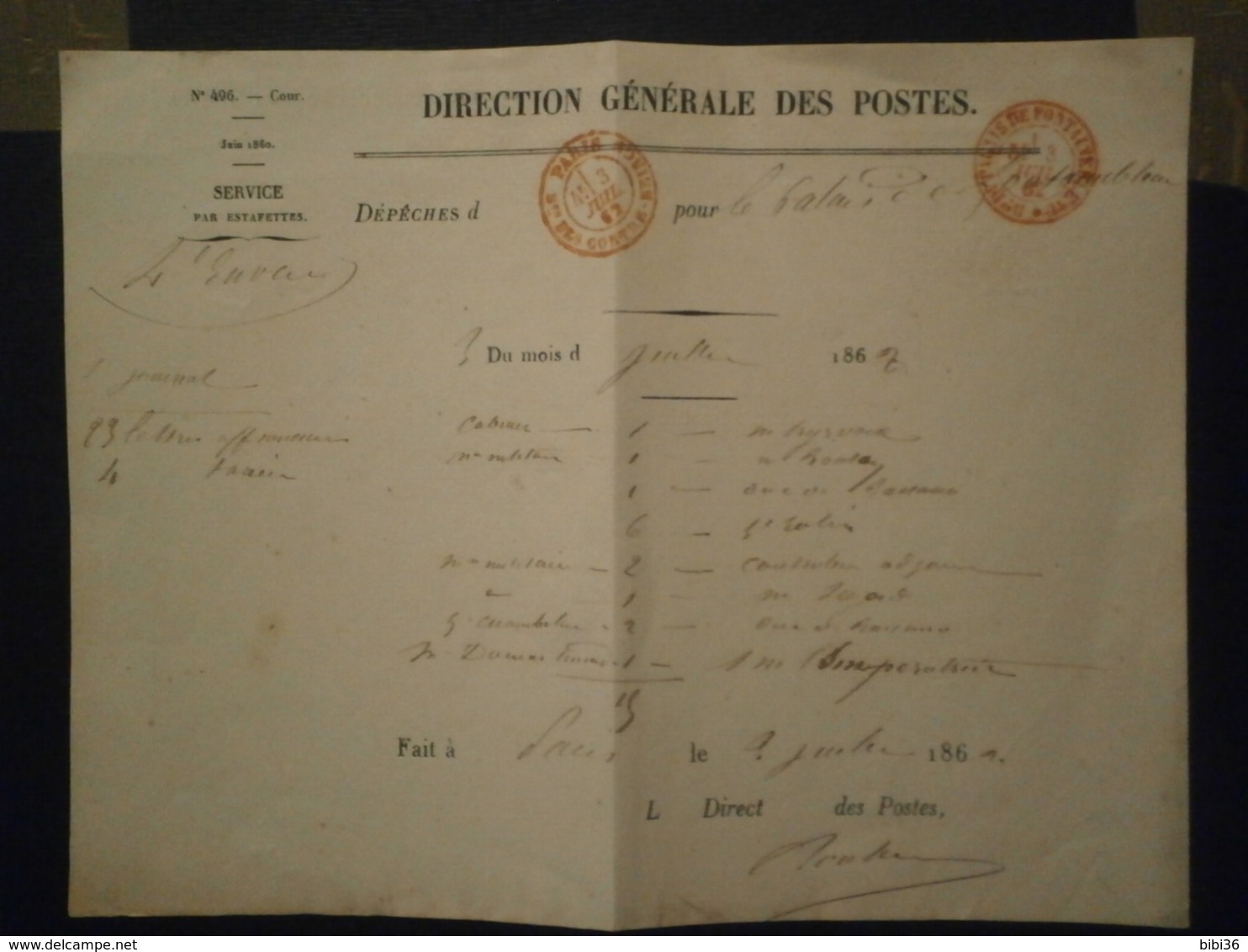 FRANCE DIRECTION GENERALE POSTE PALAIS FONTAINEBLEAU CONTRE SEING DEPECHE ESTAFETTE ENVELOPPE LETTRE COURRIER PLI COVER - 1849-1876: Klassieke Periode