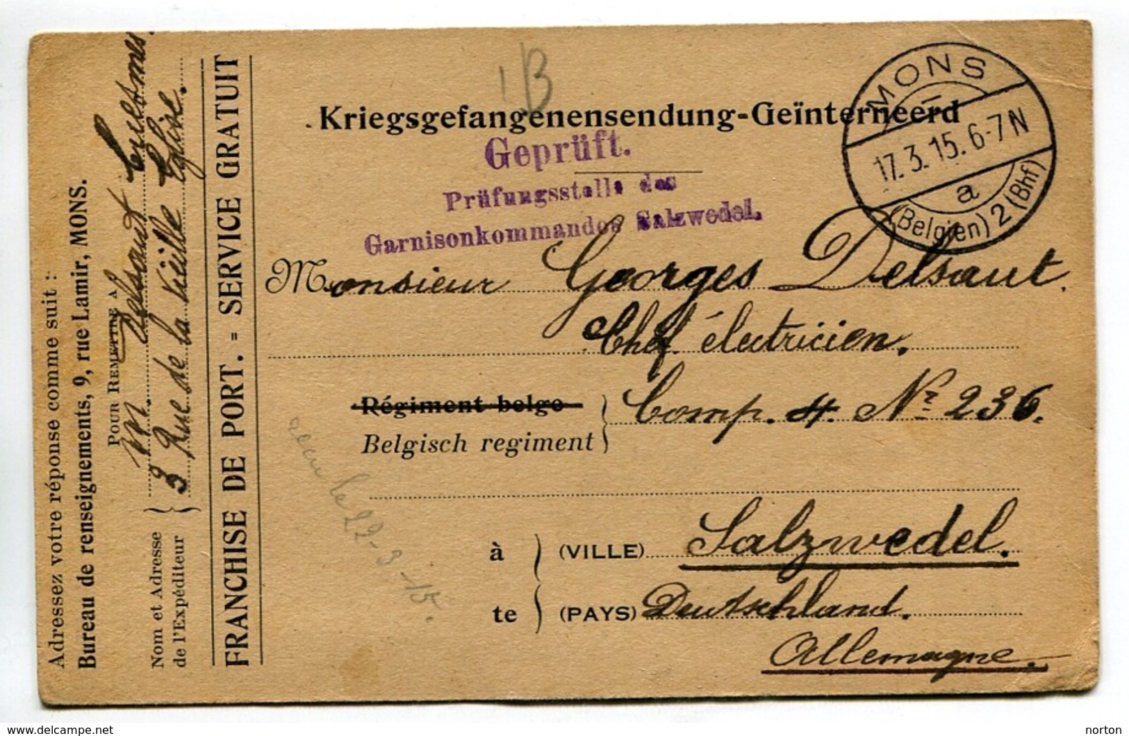 Carte De Corespondence Prisonnier Camp De Salzwedel 1915 Delsaut Georges - Guerra 1914-18