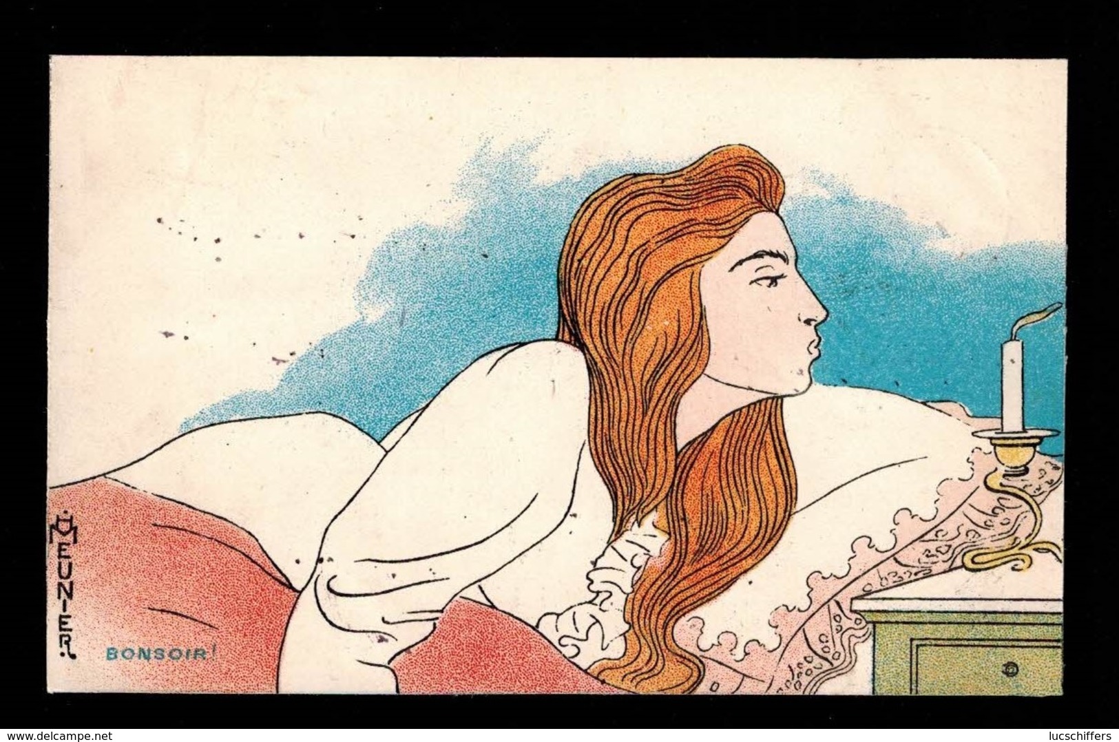 Illustrateur H. Meunier - Bonsoir - Femme Au Lit Et Bougie - Art Nouveau - 2 Scans - Autres & Non Classés
