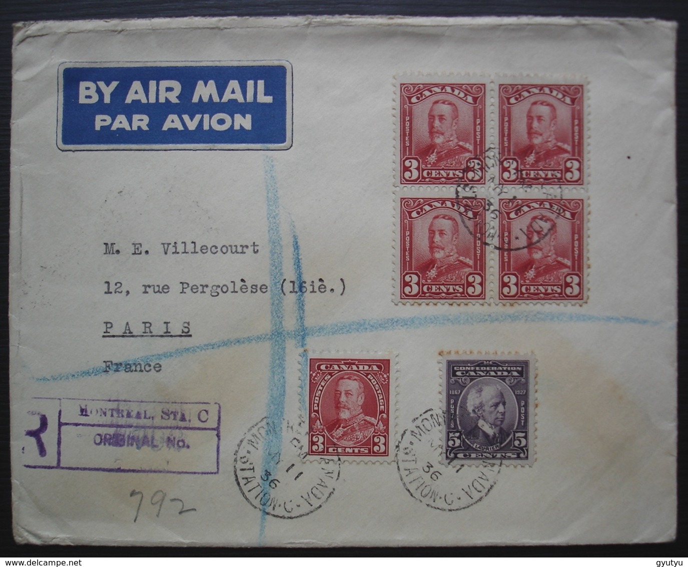 Montréal 1936 Lettre Recommandée Avec N°124 + 145 (Bloc De 4 +1), Pour Paris, France - Storia Postale