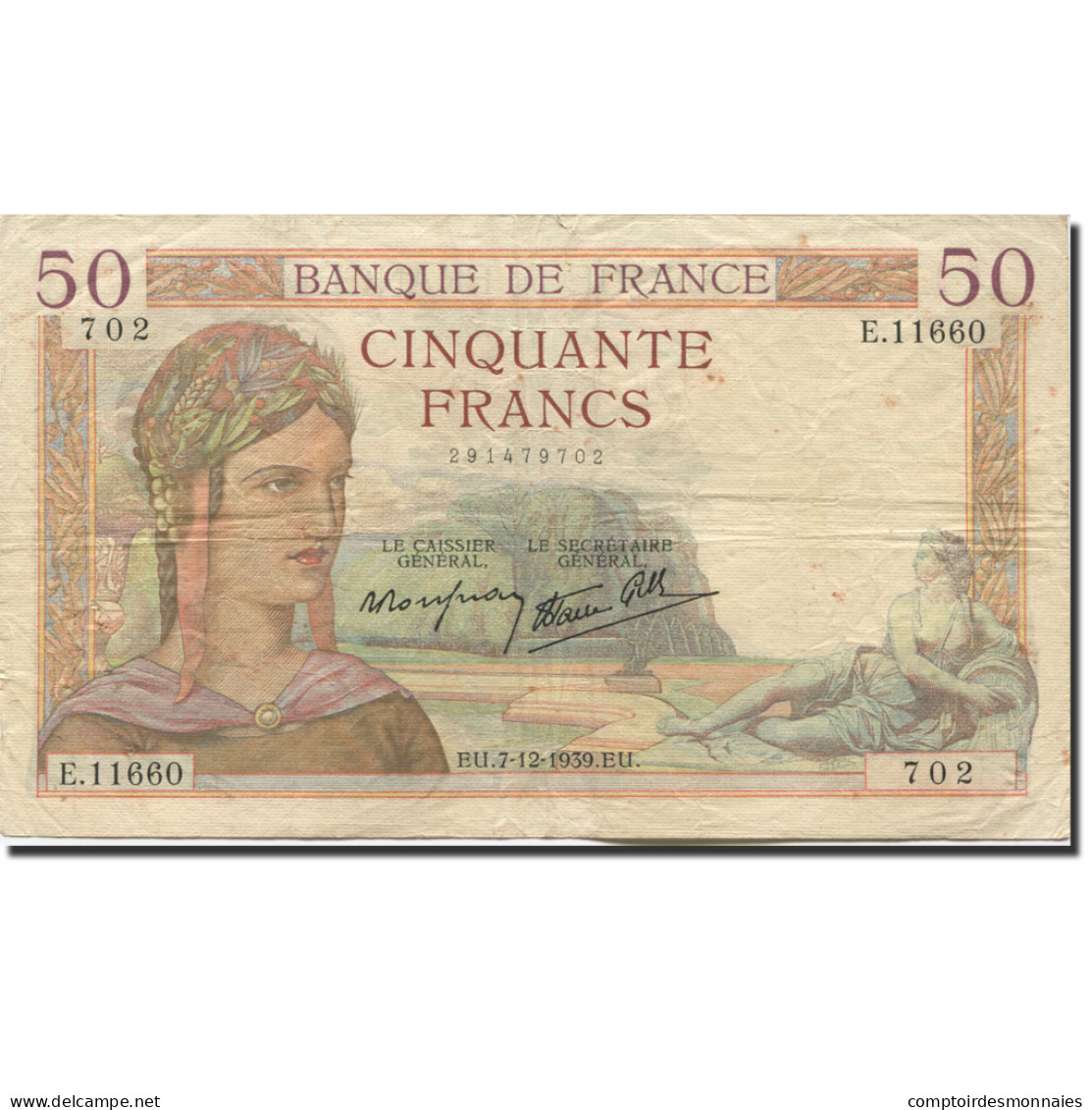 France, 50 Francs, Cérès, 1939, 1939-12-07, TTB, Fayette:18.35, KM:85b - 50 F 1934-1940 ''Cérès''