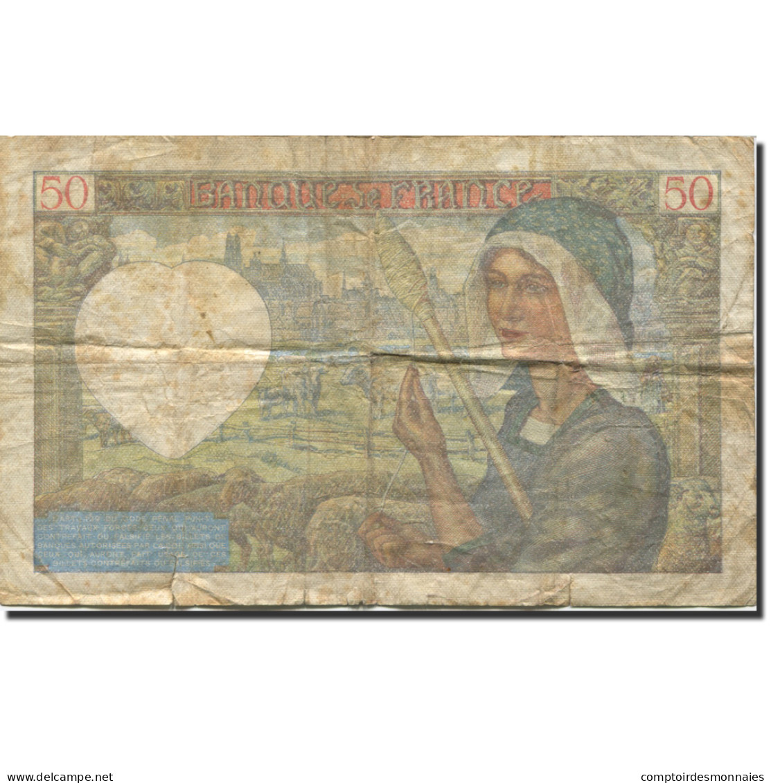 France, 50 Francs, Jacques Coeur, 1941, 1941-09-11, B+, Fayette:19.14, KM:93 - 50 F 1940-1942 ''Jacques Coeur''