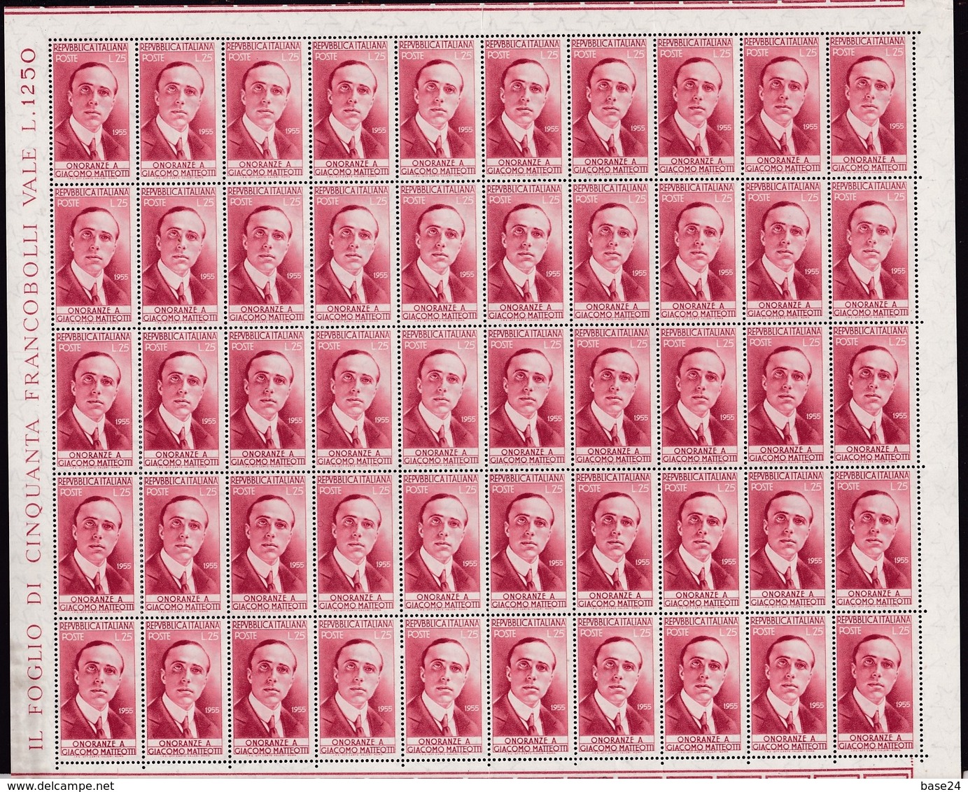 1955 Italia Italy Repubblica GIACOMO MATTEOTTI 50 Serie In Foglio MNH** - Hojas Completas