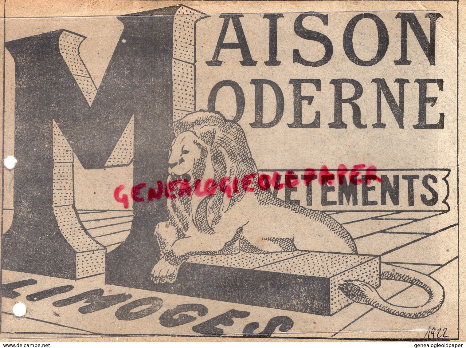 87 - LIMOGES - RARE PUBLICITE RECTO VERSO CARTON MAISON MODERNE VETEMENTS - LION  1922 - Textile & Clothing