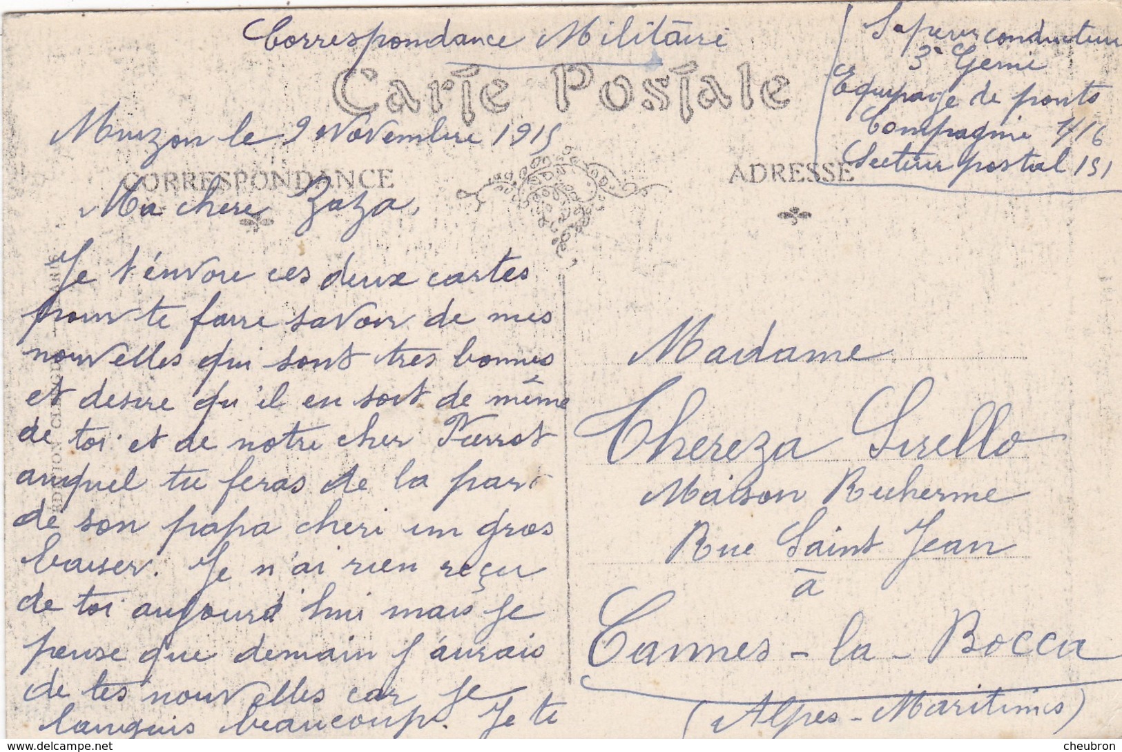 51 MUIZON (ENVOYÉ DU) . 55 BEAUZEE SUR AIRE. L'EGLISE.  SUPPORT DE TEXTE MILITARIA DU 9/NOV/1915 - War 1914-18