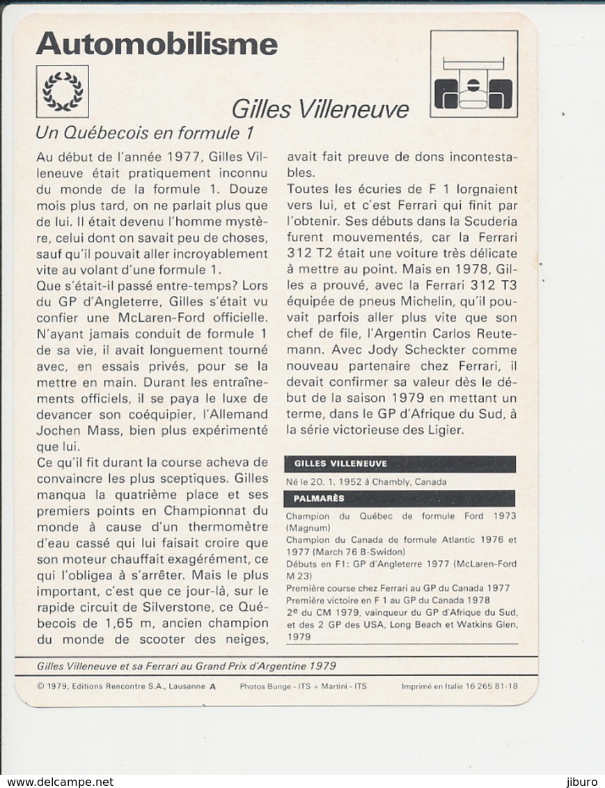 Gilles Villeneuve F1 Formule 1 Race Car Sport Automobile 1FICH-Auto-2 - Sports