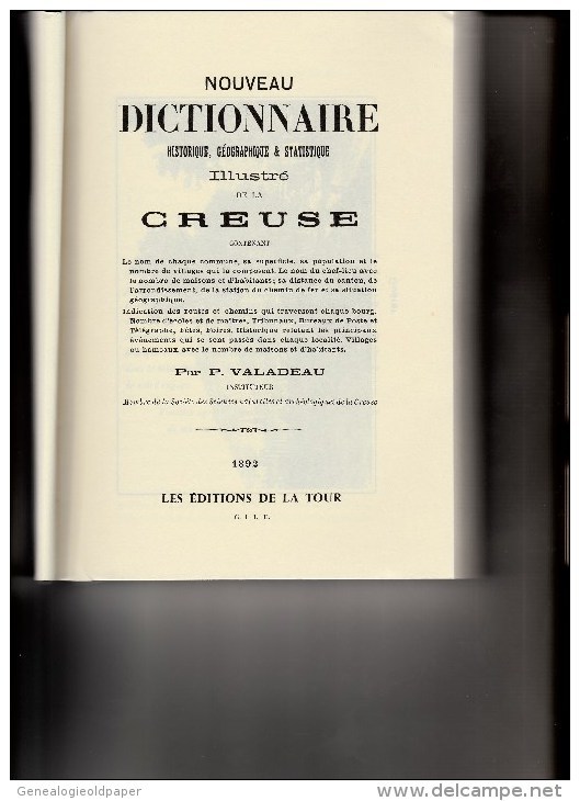 23 - CREUSE - NOUVEAU DICTIONNAIRE HISTORIQUE-GEOGRAPHIQUE ET STATISTIQUE ILLUSTRE DE LA CREUSE- REEDITION DE 1892- 1994 - Limousin
