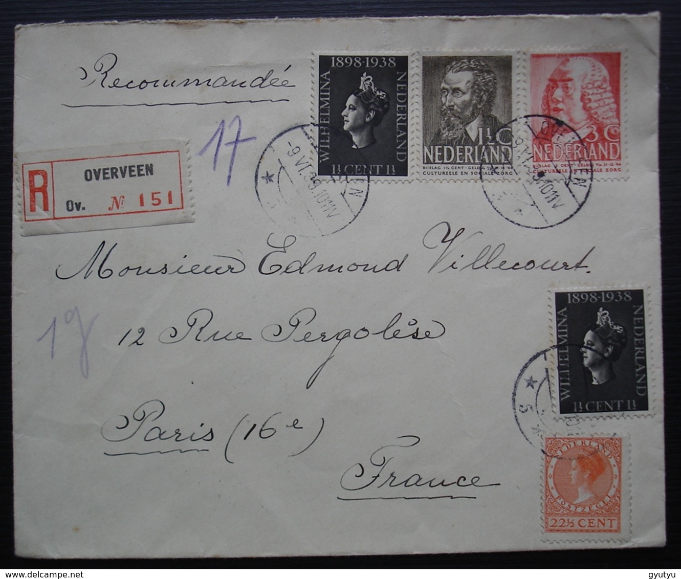 Nederland (Pays Bas) 1939 Lettre Recommandée De Overveen N°151 Pour Paris, France - Storia Postale