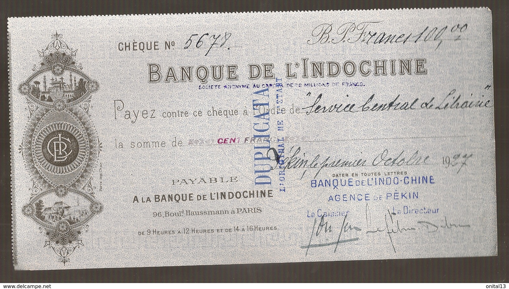 1927 CHEQUE BANQUE DE L'INDOCHINE / AGENCE DE PEKIN / PAYABLE A LA BANQUE D'INDO-CHINE PARIS   N10 - Cheques En Traveller's Cheques