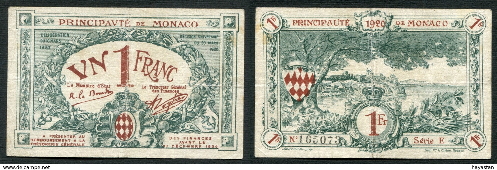 PRINCIPAUTE DE MONACO - 1 F - UN FRANC 1920 - Monaco