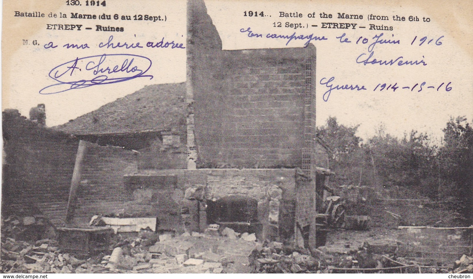 .51 ETREPY. GUERRE 1914-18 BATAILLE DE LA MARNE..RUINES. + TEXTE DU 10 JUIN 1916 - War 1914-18