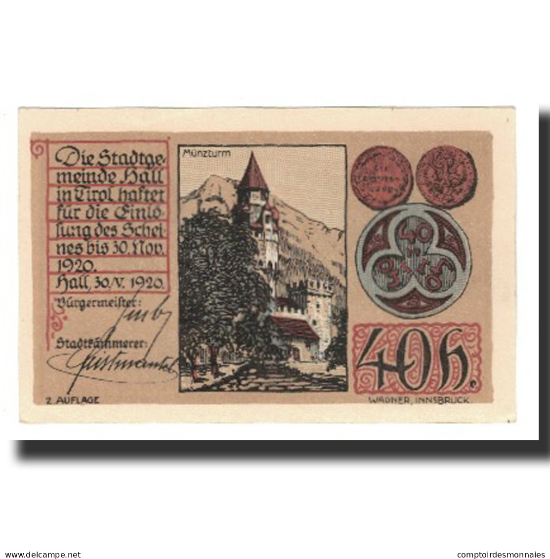 Billet, Autriche, Hall In Tirol Stadtgemeinde, 40 Heller, Monnaie, 1920 - Autriche