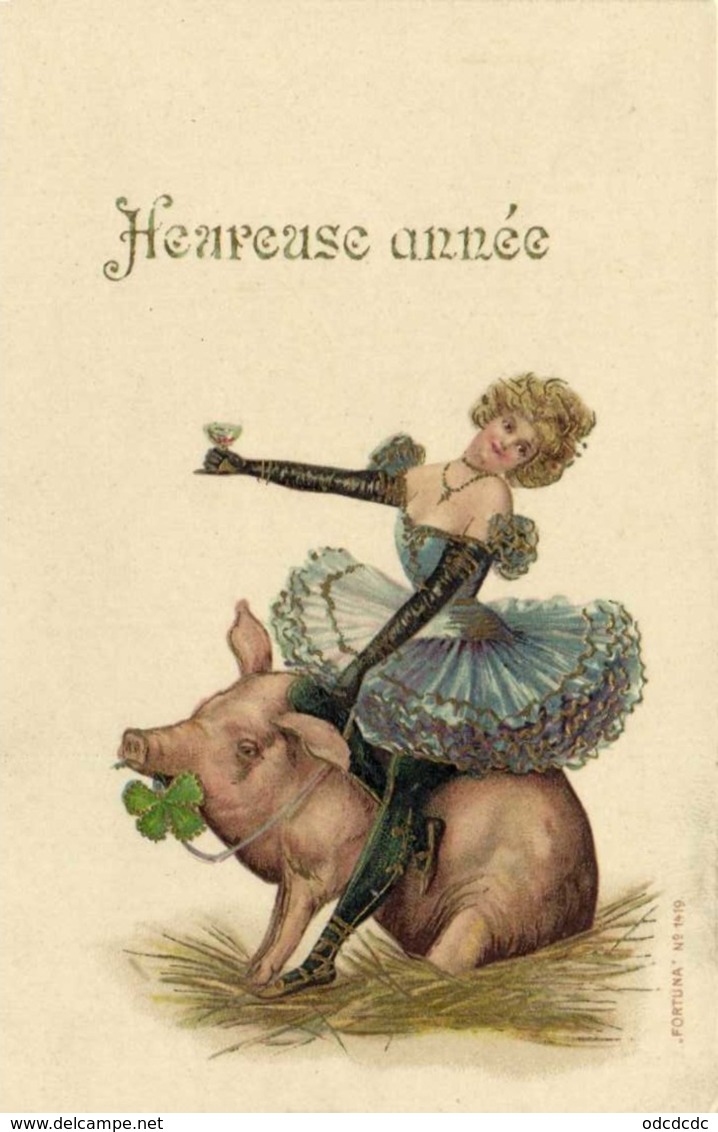 Illustrateur Jeune Ballerine Assise  Sur Un Cochon Heureuse  Année  Gauffrée  RV - Donne