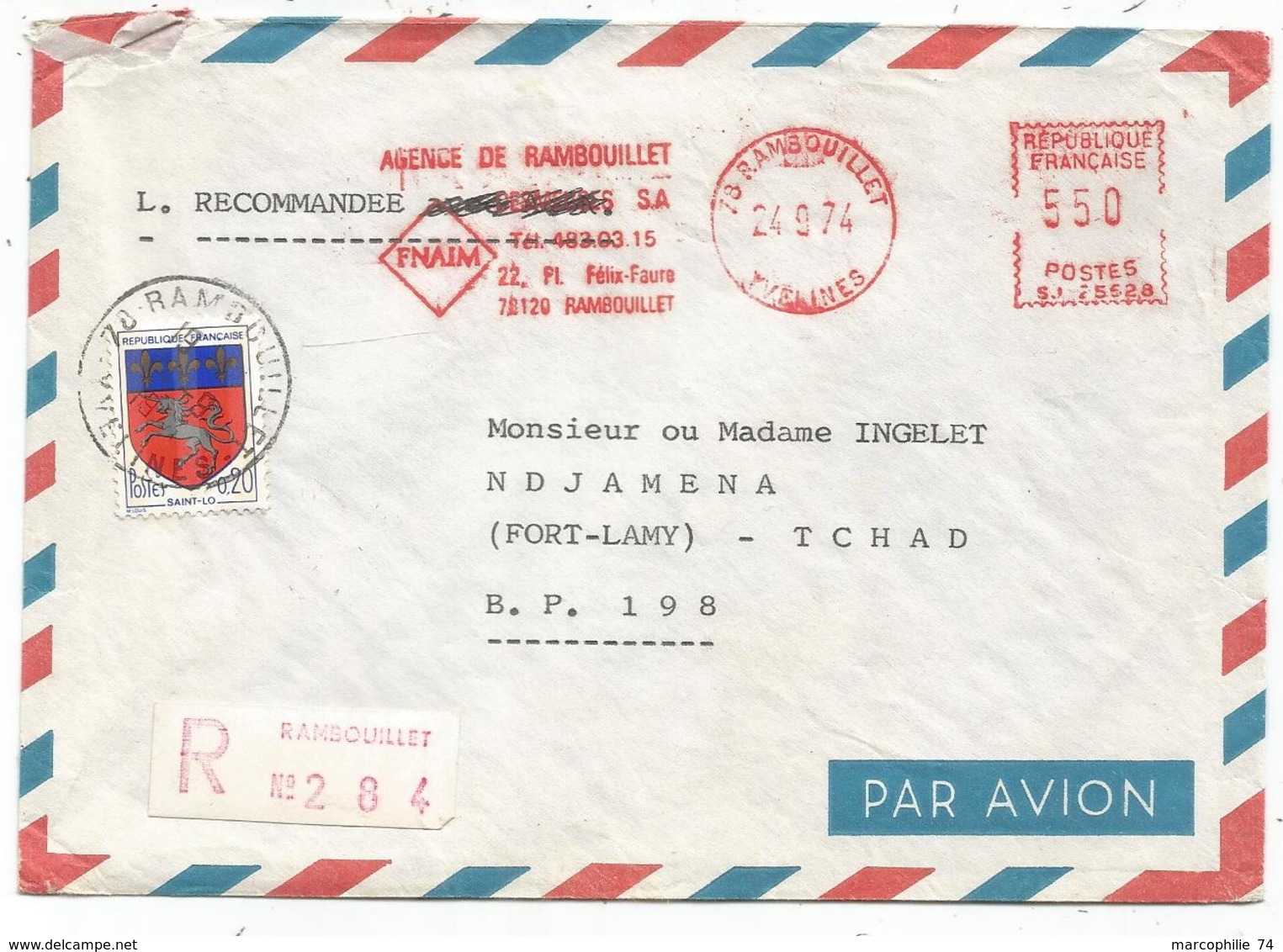 BLASON 20C ST LO RAMBOUILLET 1974 YVELINES MIXTE EMA 5.50 LETTRE REC AVION POUR LE TCHAD - 1941-66 Wappen