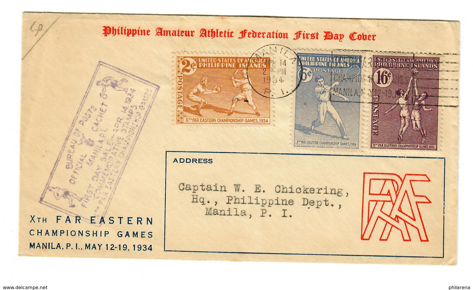 Philippine Athletic Federation 1934, FDC To Manila,10th Far Eastern Championship - Philippines