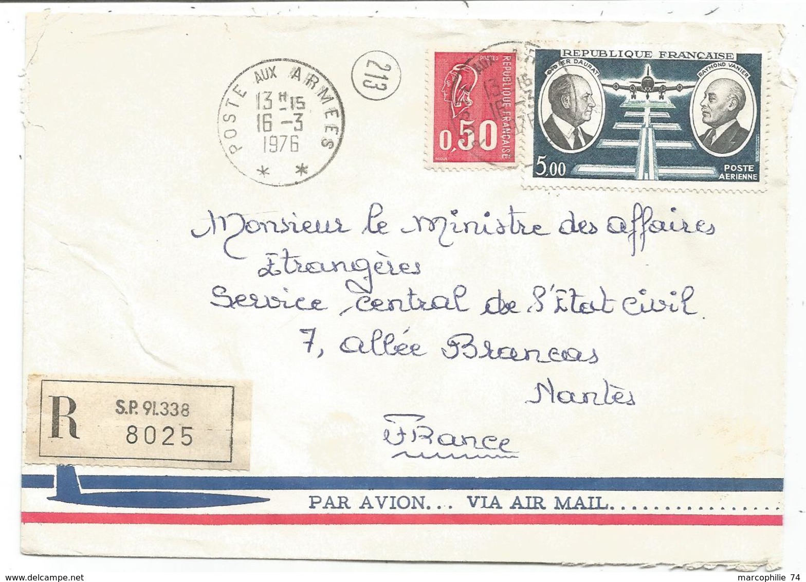 PA 5FR +50C BEQUET LETTRE AVION  REC SP 91338 POSTE AUX ARMEES 16.3.1976 - Cachets Militaires A Partir De 1900 (hors Guerres)