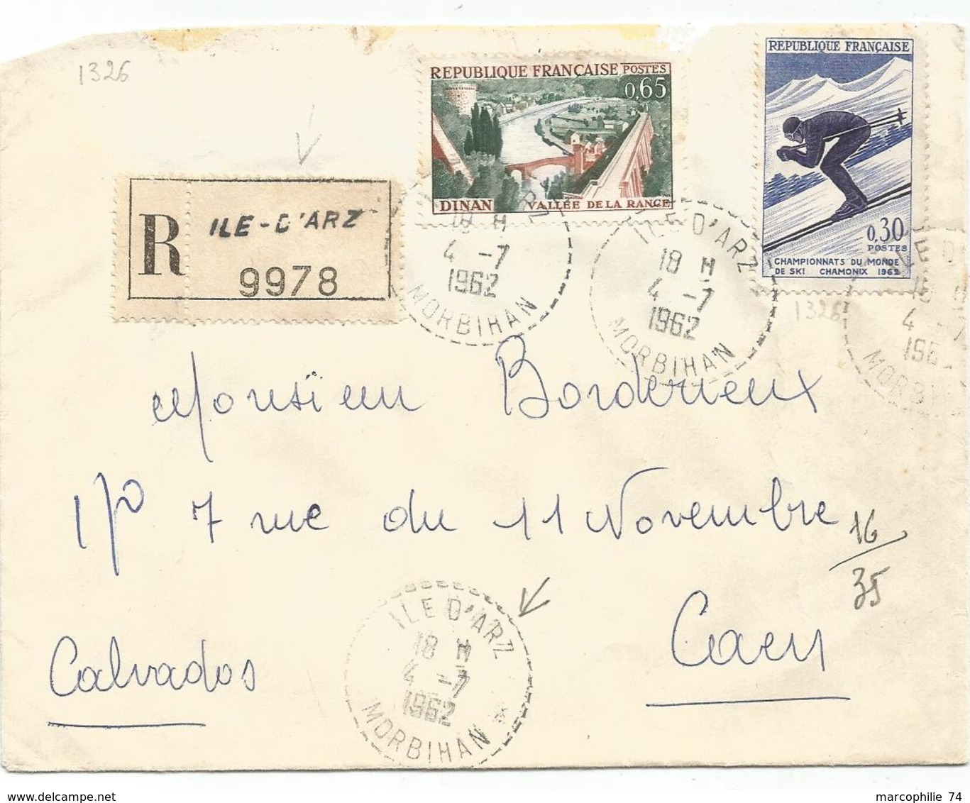 65C DINAN +30C CHAMONIX LETTRE REC C. PERLE ILE D'ARZ 4.7.1962 MORBIHAN - Bolli Manuali