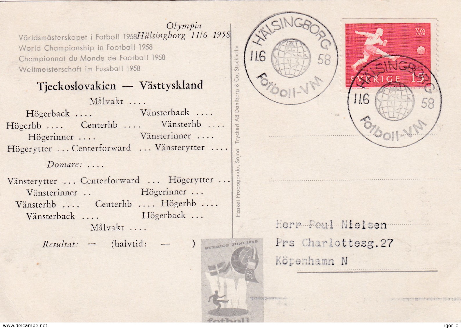 Sweden 1958 Cover;  Football Soccer Fussball Cacio Olympic Stadion Helsingorg 11.6.58 West Germany - Czechoslovakia 2:2 - 1958 – Sweden