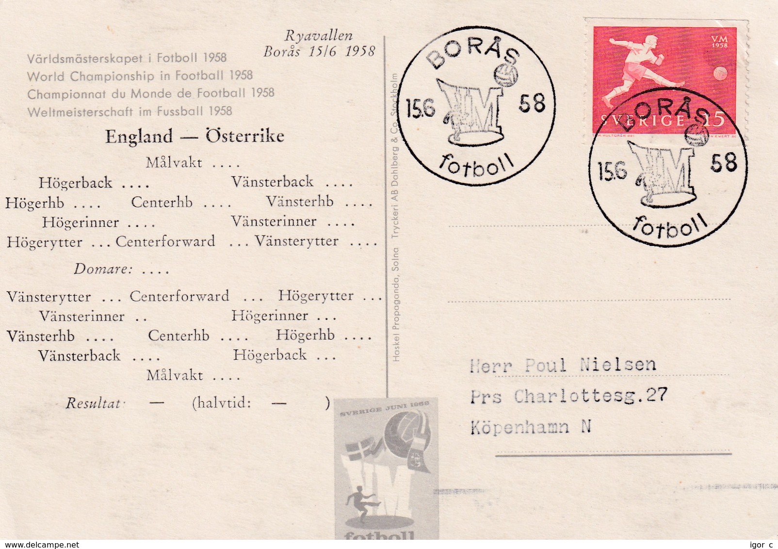Sweden 1958 Cover;  Football Soccer Fussball Cacio Stadion Boras 15.6.58 Group Stage; England - Austria 2:2 - 1958 – Schweden