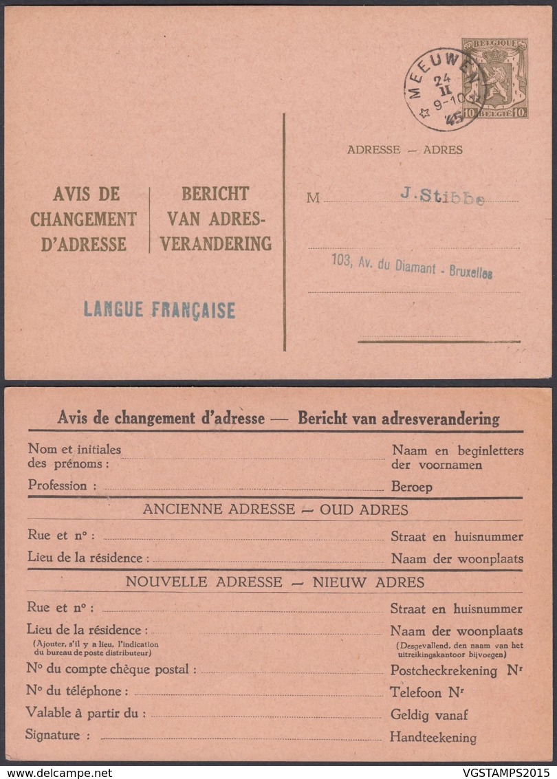 BELGIQUE EP 10c CHANGEMENT D ADRESSE OBL RELAIS " MEEUWEN 24/02/1945 (DD) DC-7264 - Adressenänderungen