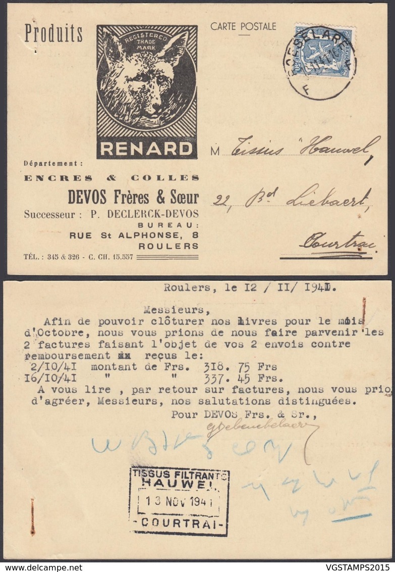 BELGIQUE COB 426 SUR CARTE PUBLICITAIRE "PRODUITS RENARD" ROULERS 12/11/1941  (DD) DC-7280 - Lettres & Documents