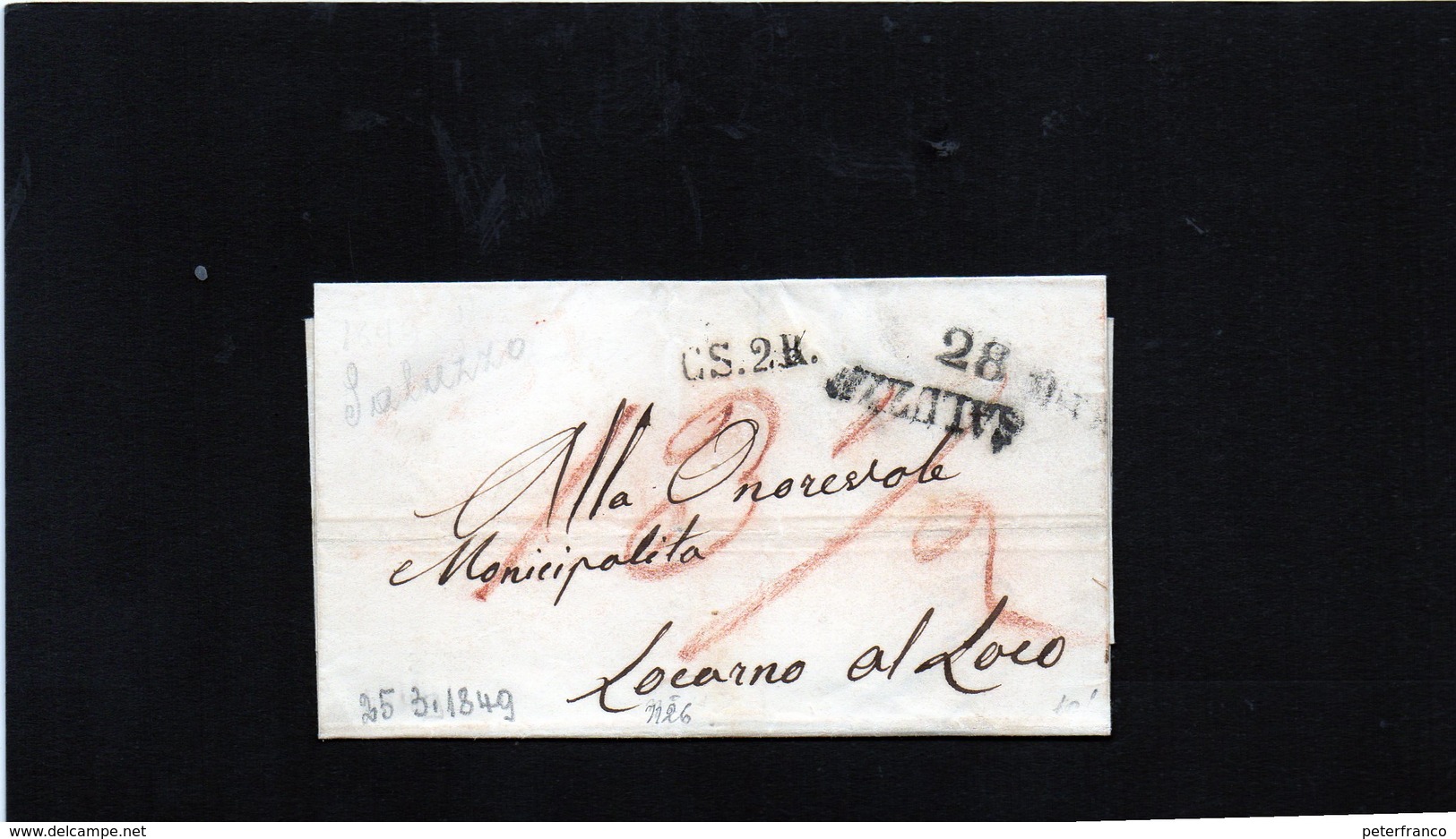 CG19 - Lett. Da Saluzzo X Locarno Al Loco 25/3/1849 - Bollo Stamp. Diritto Nero Con Data + CS 2 R. - 1. ...-1850 Vorphilatelie