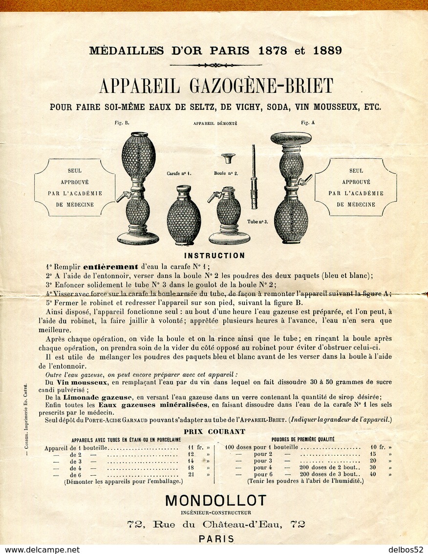 " APPAREIL GAZOGENE - BRIET ( SIPHON ) " Eau-de-Seltz, Vichy, Soda, Vin Mousseux, Etc - Pubblicitari