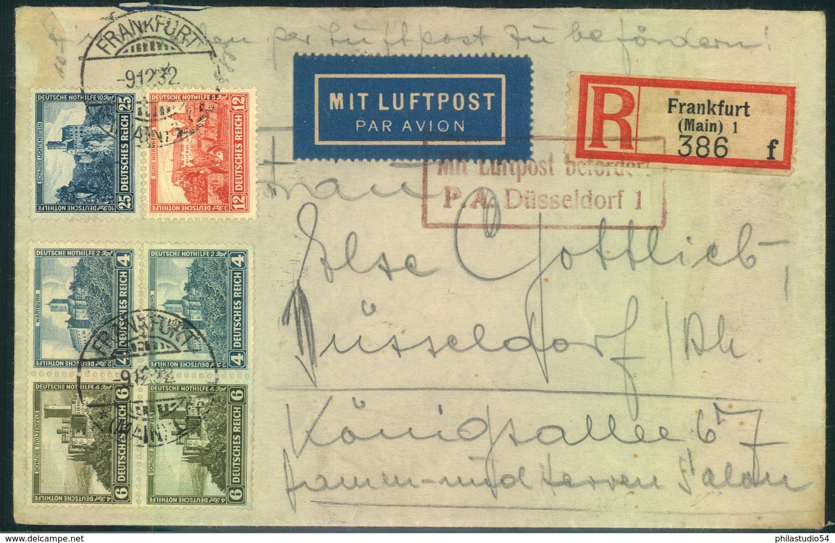 1932, Einschreiben Per Luftpost Ab FRANKFURT (MAIN) Mit Nothilfe Zusammenducken Und Einzelwerten - Autres & Non Classés