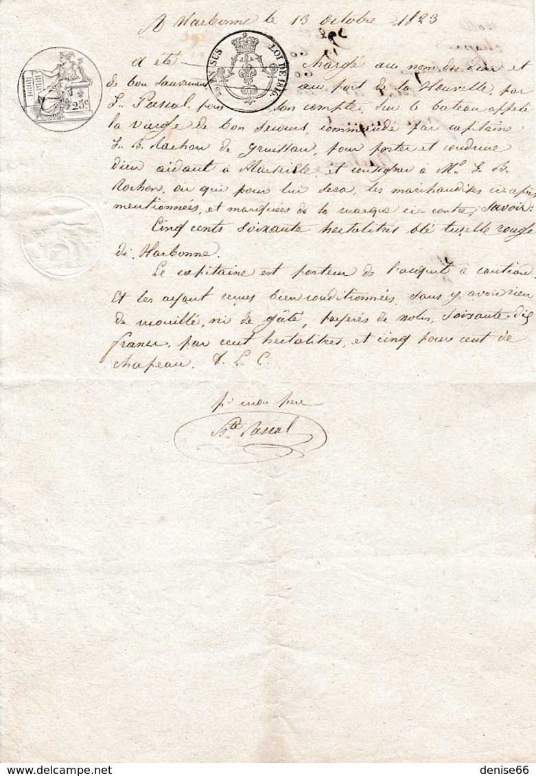 1823 - NARBONNE - Connaissement Manuscrit- - PORT LA NOUVELLE - Bateau "La Vierge De Bon Secours" - Historical Documents