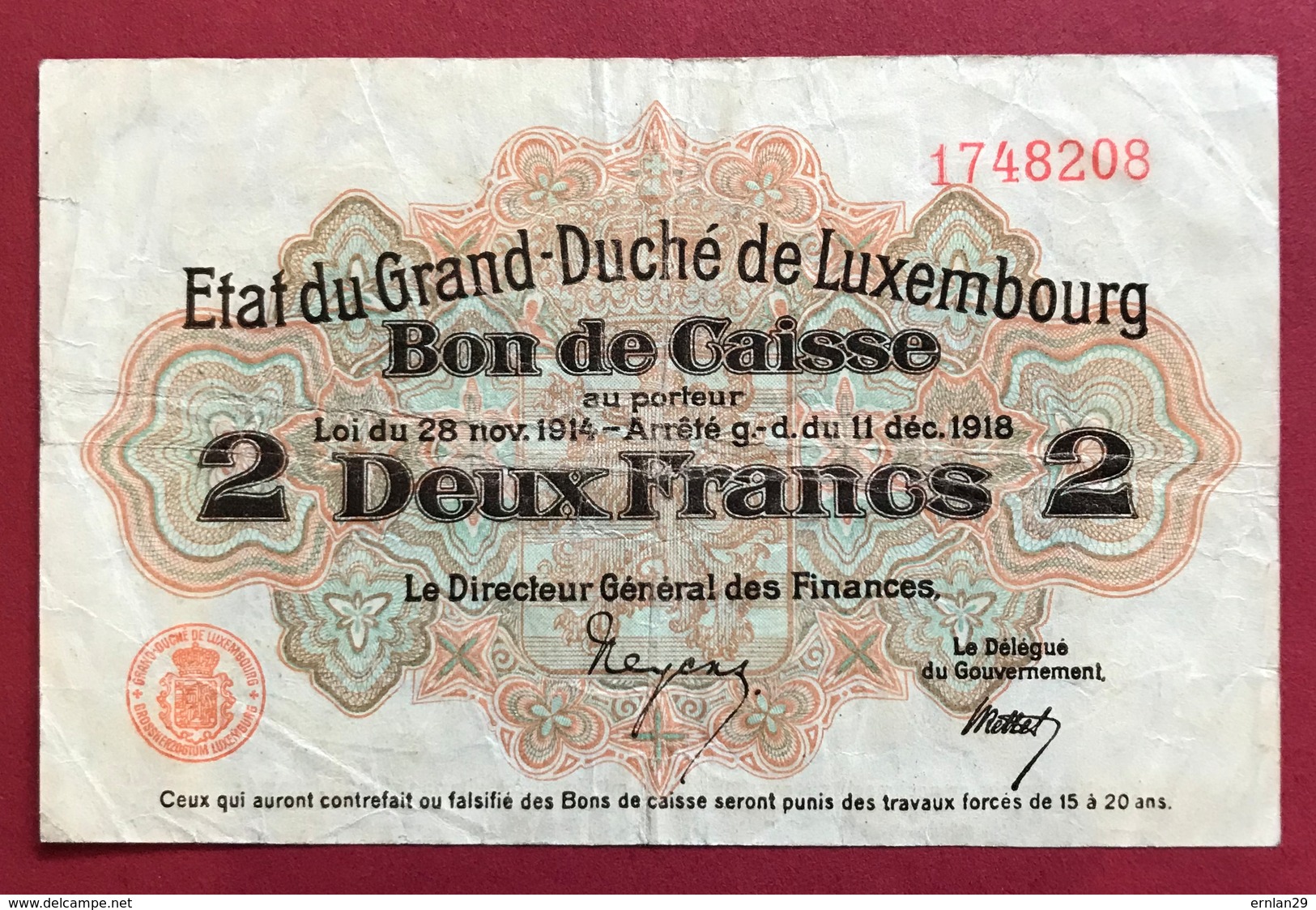 Luxembourg 2 Francs 1914-1918 - Luxembourg