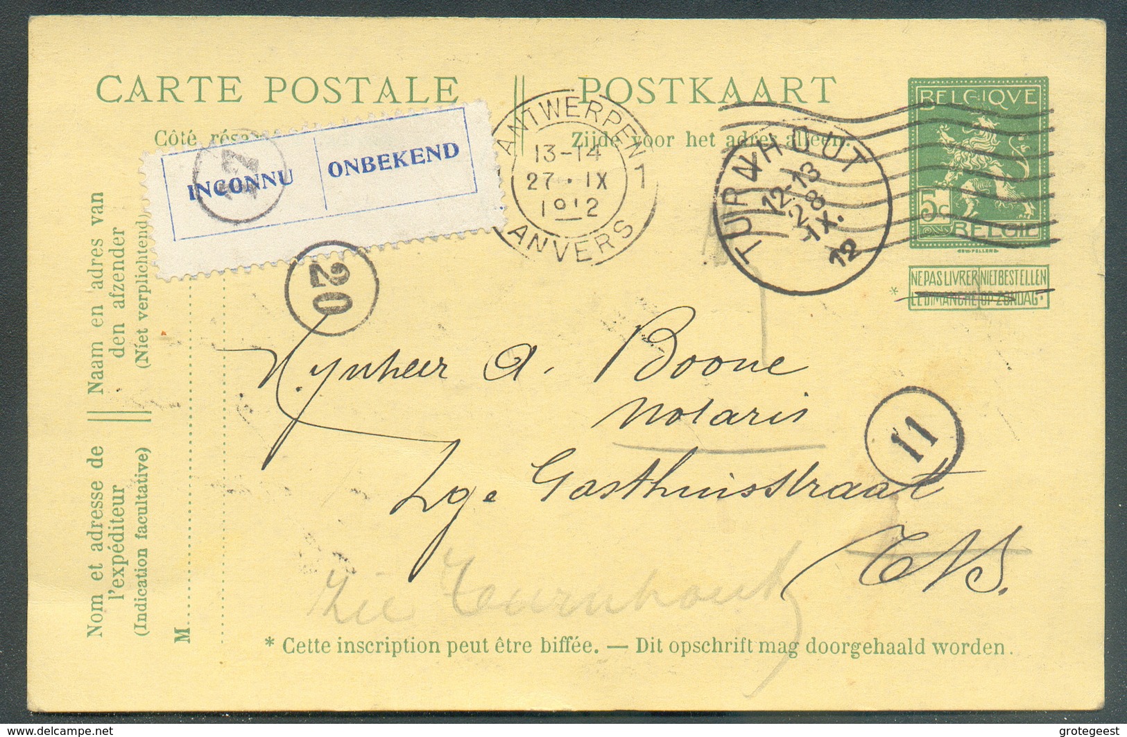 E.P. Carte 5 Centimes Pellens, Obl; Méc. De ANTWERPEN 27-IX-1912 Vers Turnhout + Etiq. Inconnu - 15198 - Tarjetas 1909-1934