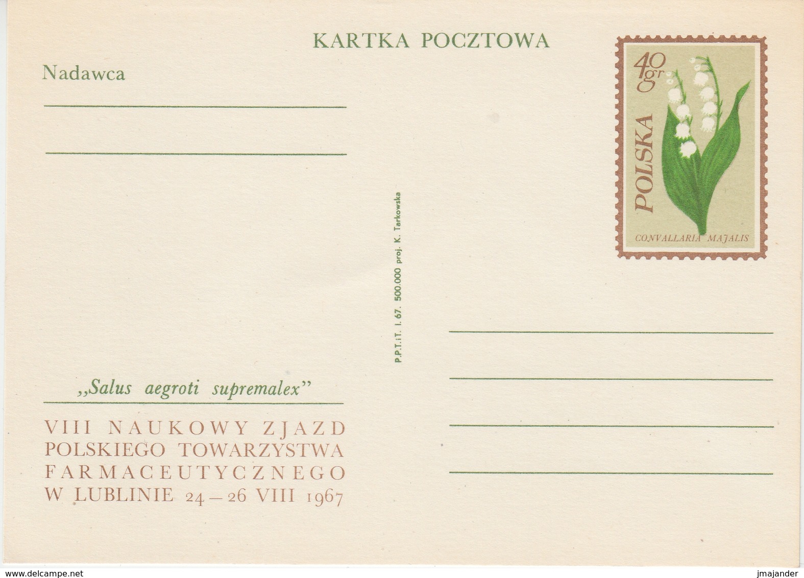 Poland 1967 -  Pharmaceutical Congress: Lily Of The Valley (plant) - Postal Stationery Card Value 40gr - Piante Velenose