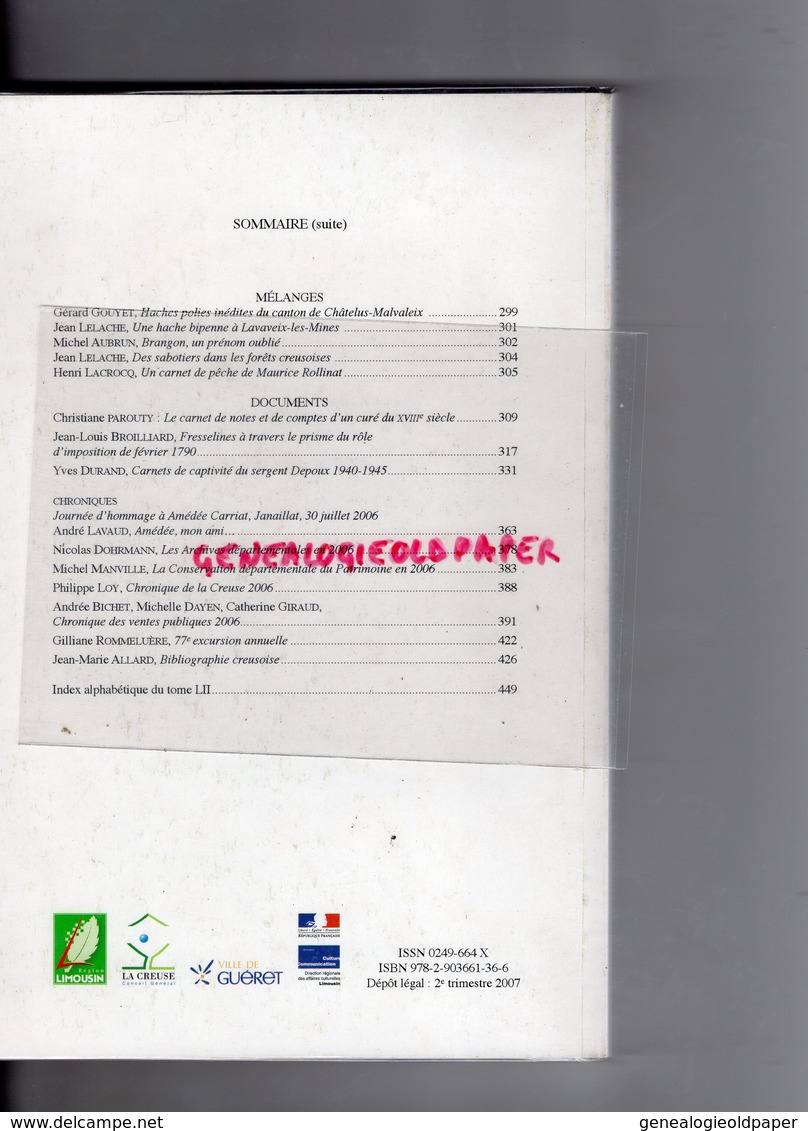 23- MEMOIRES SOCIETE SCIENCES NATURELLES ARCHEOLOGIQUES HISTORIQUE CREUSE-TOMME 52-2006 GUERET- - Limousin