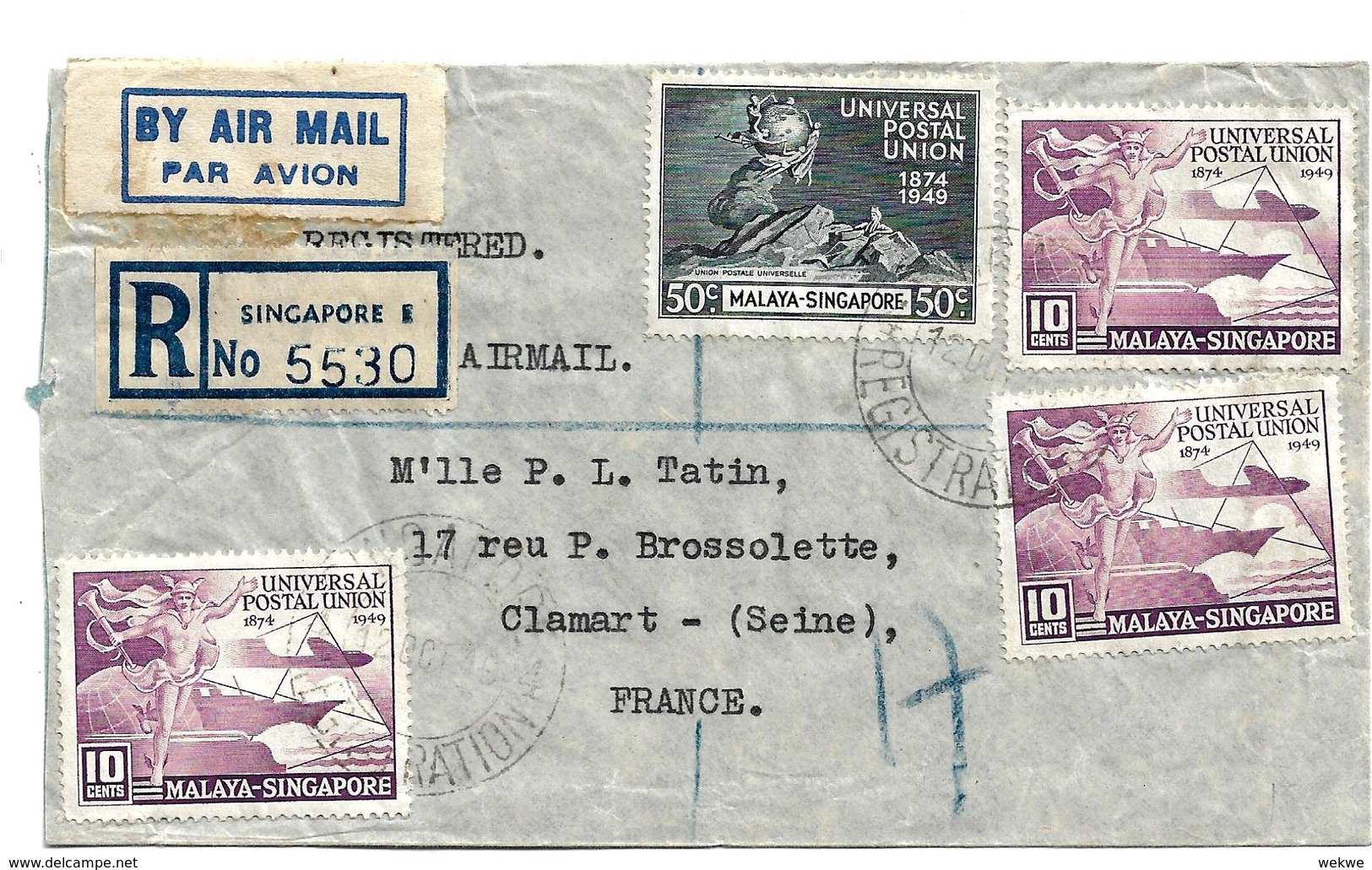 Si040 / SINGAPUR - UPU. Commercially Used To France, Registered - Singapore (...-1959)