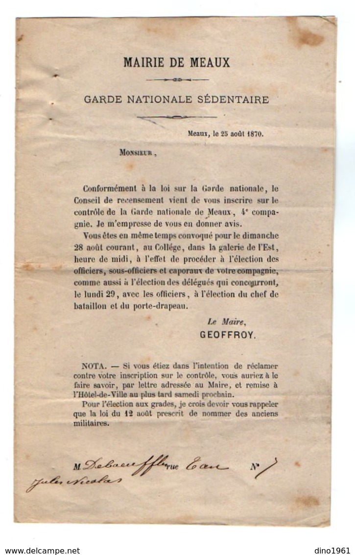 VP16.954 - MILITARIA - Guerre 1870 / 71 - Mairie De MEAUX 1870 - Lettre De Mr Le Maire Relative à La Garde Nationale - Documenti