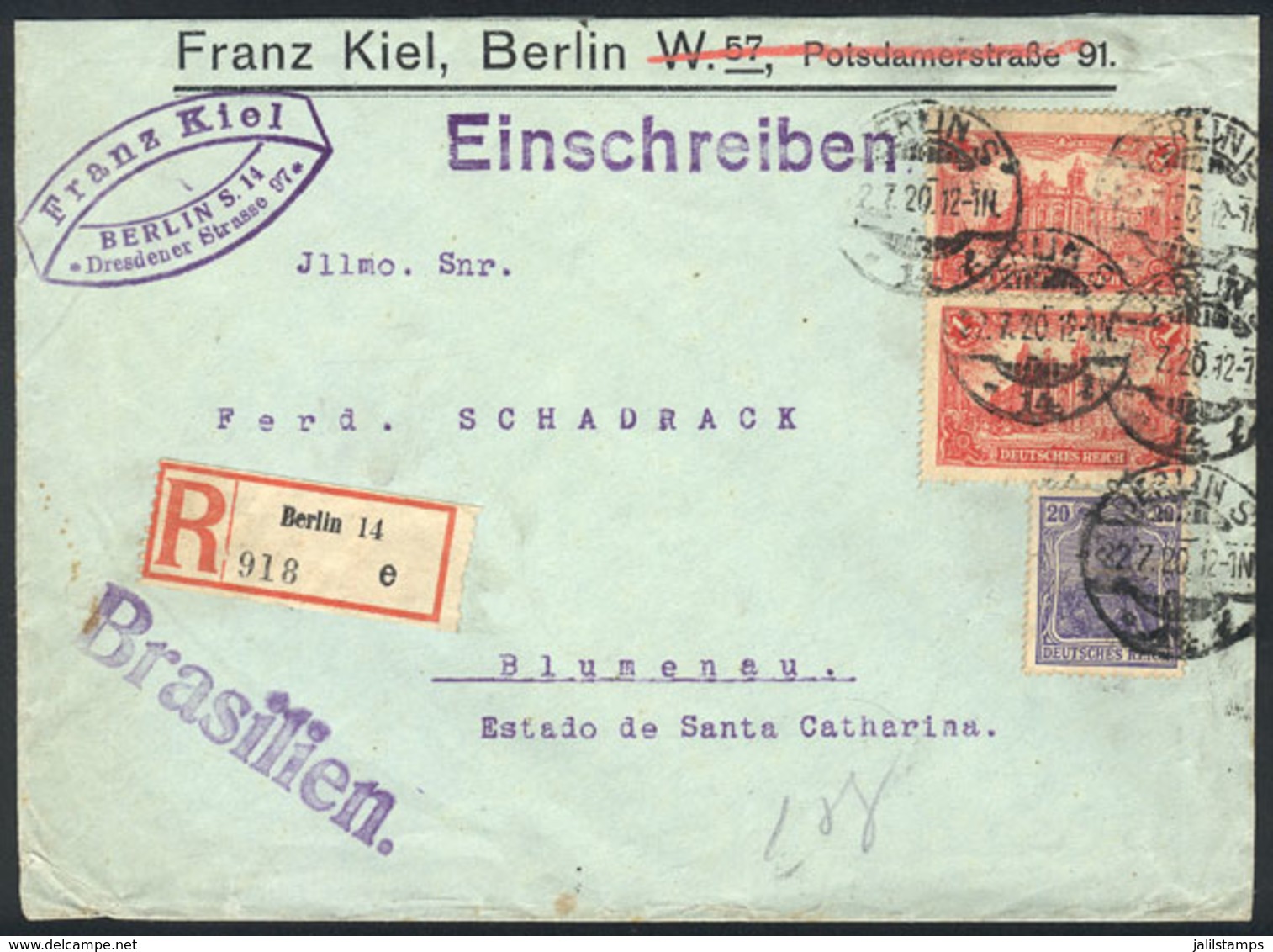 GERMANY: Registered Cover Sent From Berlin To Brazil On 22/JUL/1920 Franked With 2.20Mk., VF Quality! - Altri & Non Classificati