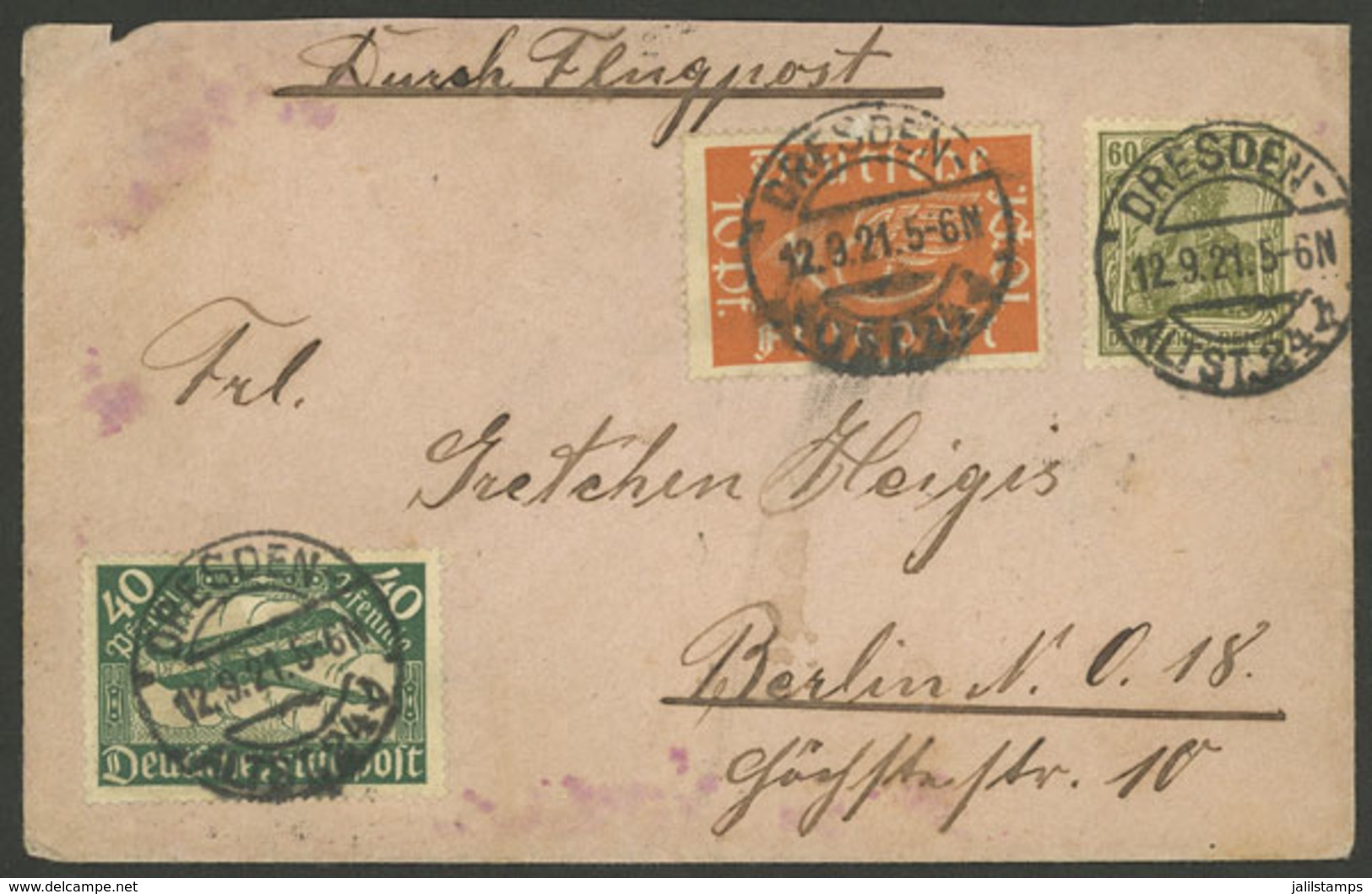 GERMANY: 12/SE/1921 Dresden - Berlin, Airmail Cover Franked With 1.10Mk., Arrival Backstamp Of 13/SE, Small Defects, Ver - Altri & Non Classificati